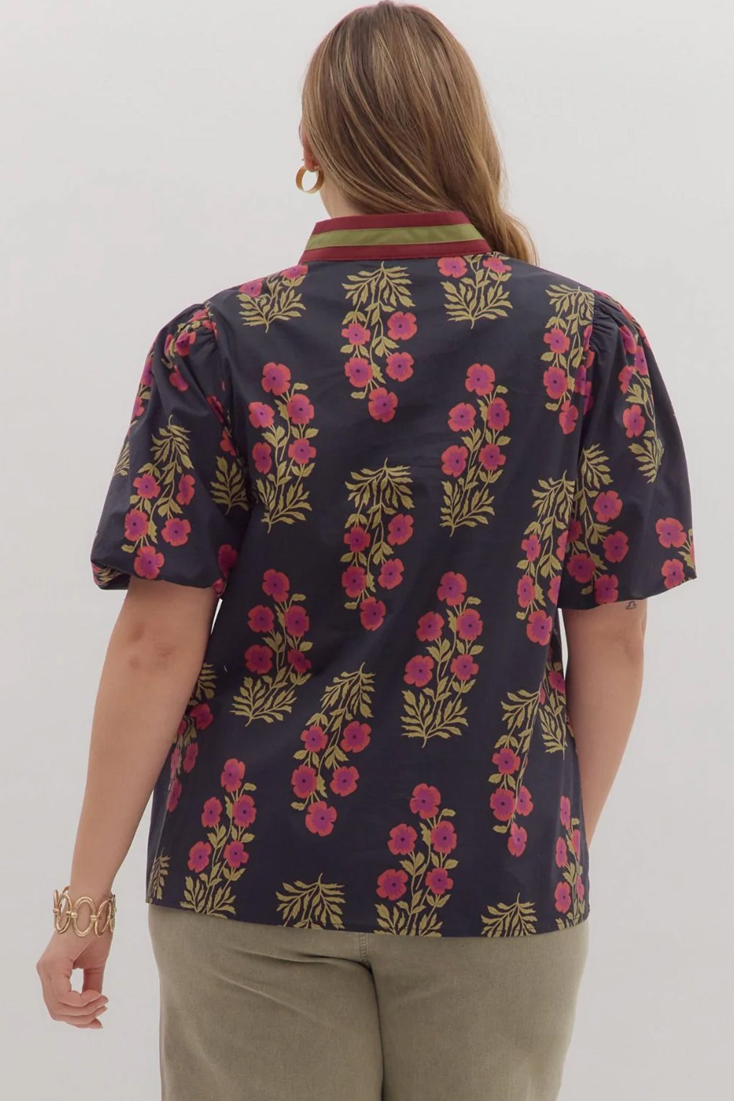 White Plus Size Floral Print Ricrac Striped Trim Short Sleeve Cotton Blouse