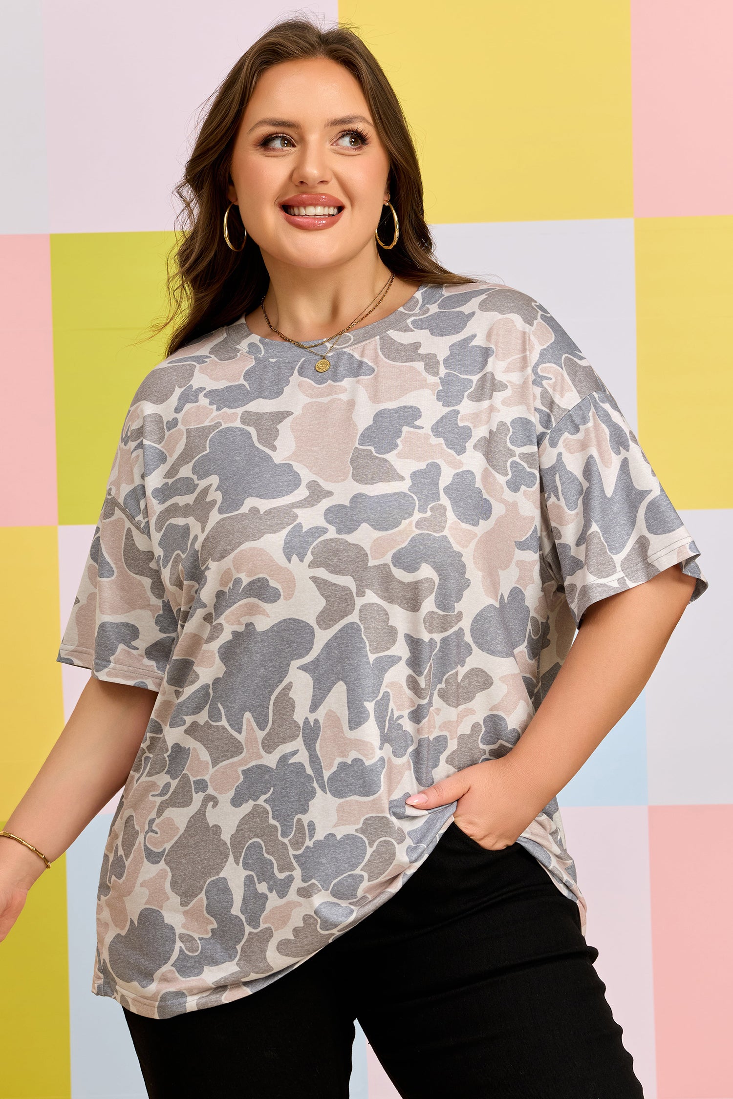 Multicolour Retro Camouflage Print Plus Size T Shirt