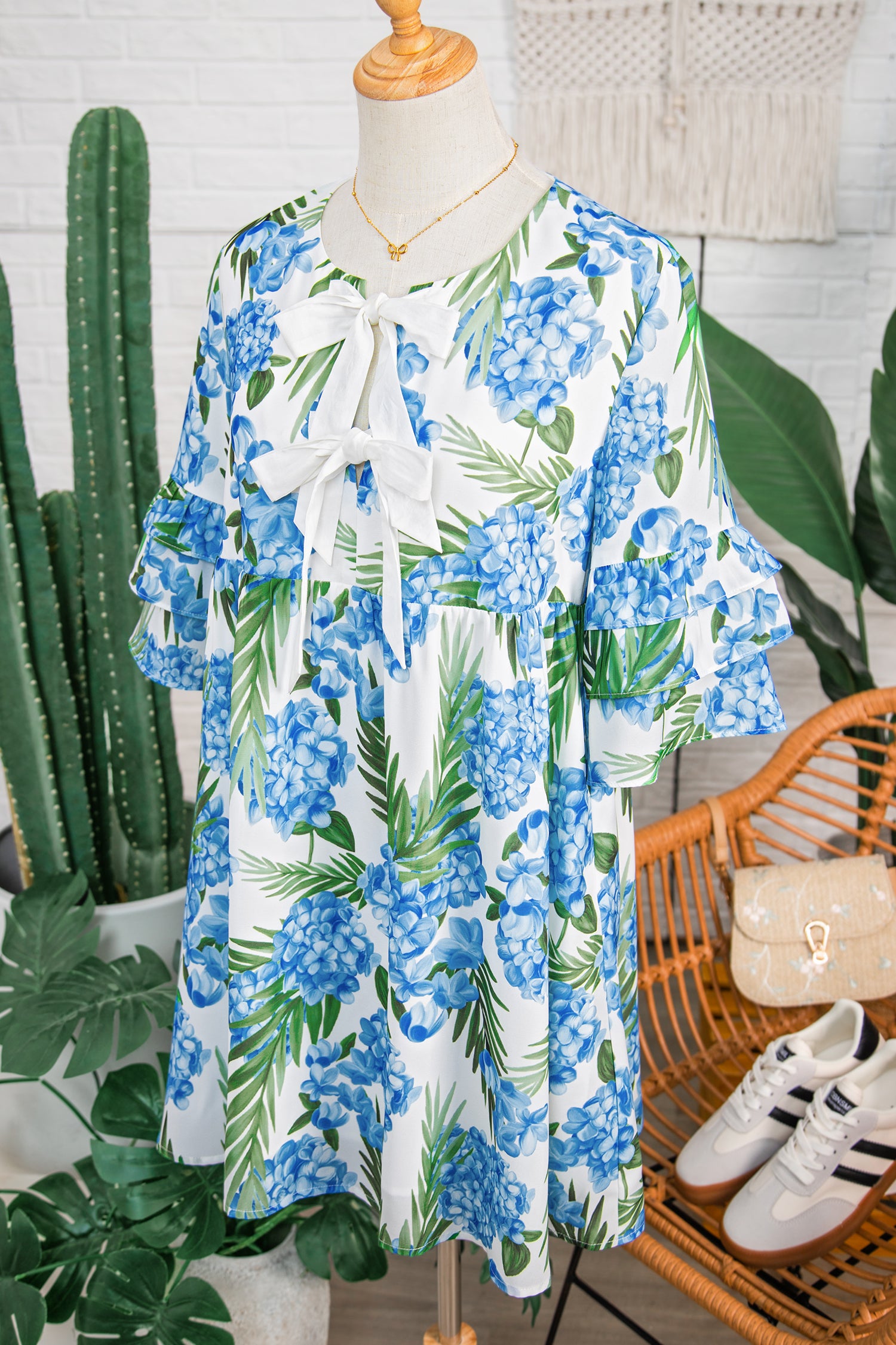 Sky Blue Palm Floral Print Contrast Ribbon Knot Ruffle Tiered Sleeve Mini Dress