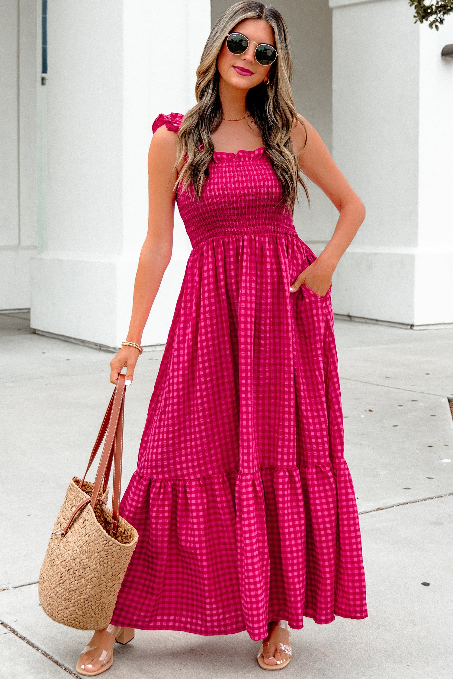 Red Plaid Square Neck Fit-and-flared Vacation Sundress