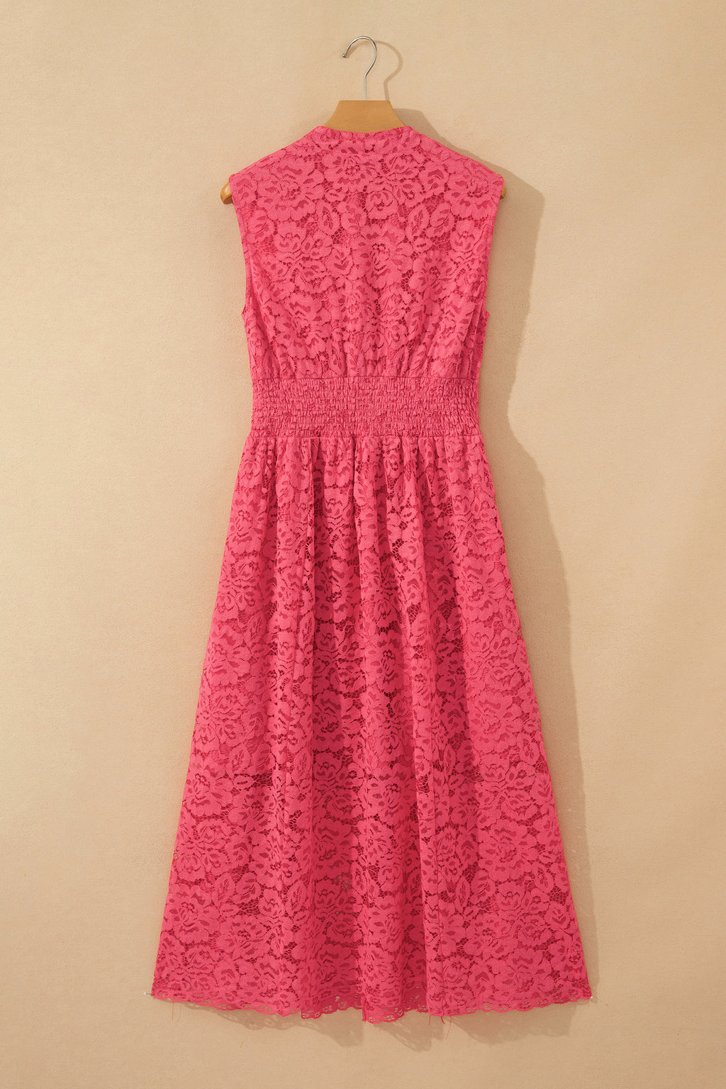 Coral Floral Lace Overlay Zip Up V Neck Smocked Waist Sleeveless Dress