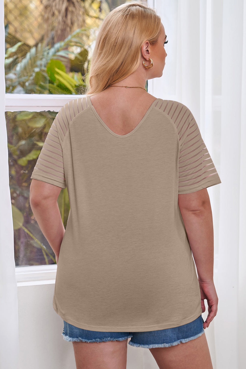 Khaki Striped Raglan Sleeve Plus Size Tee