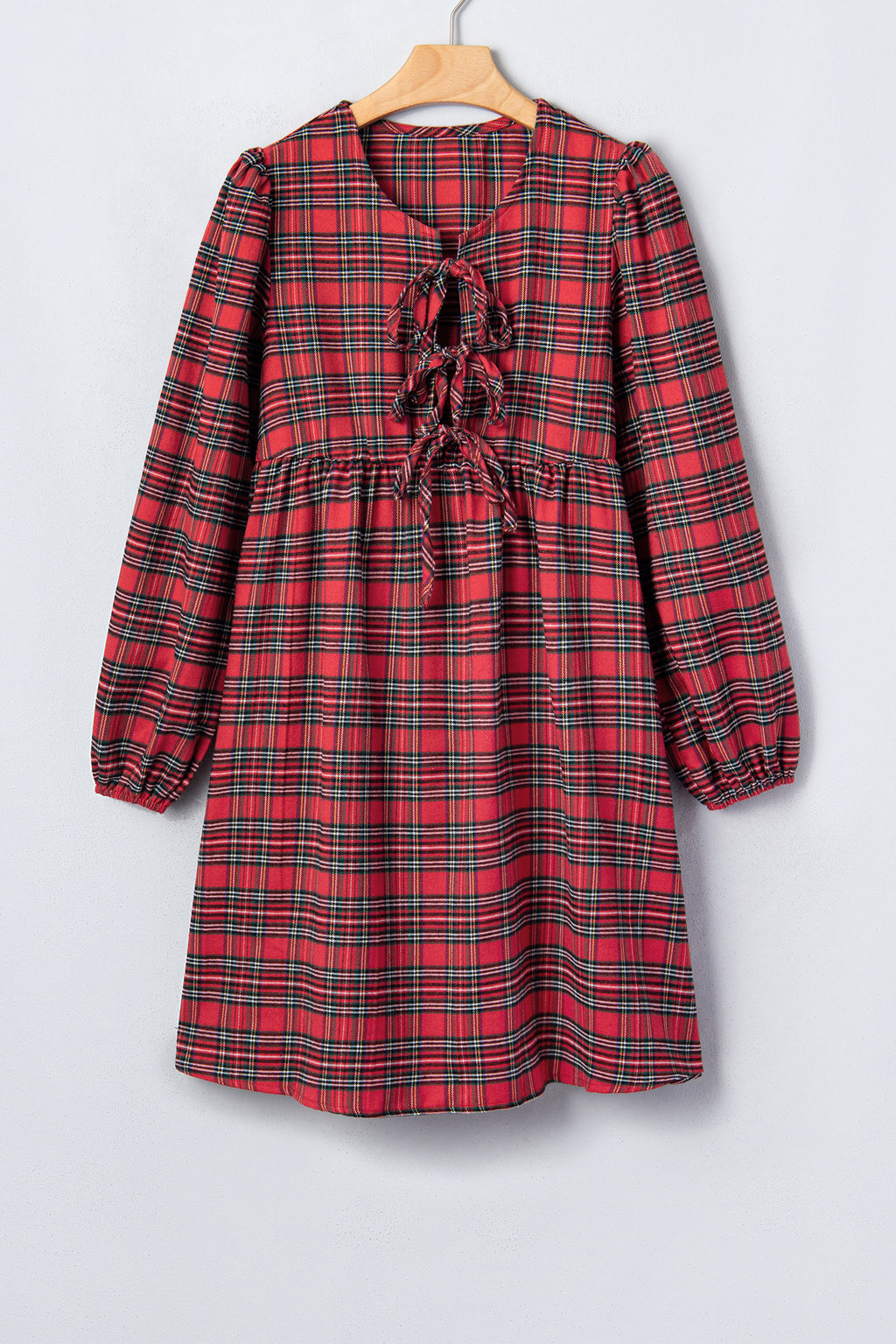 Red Plaid Tie Front Long Sleeve Short Shift Dress