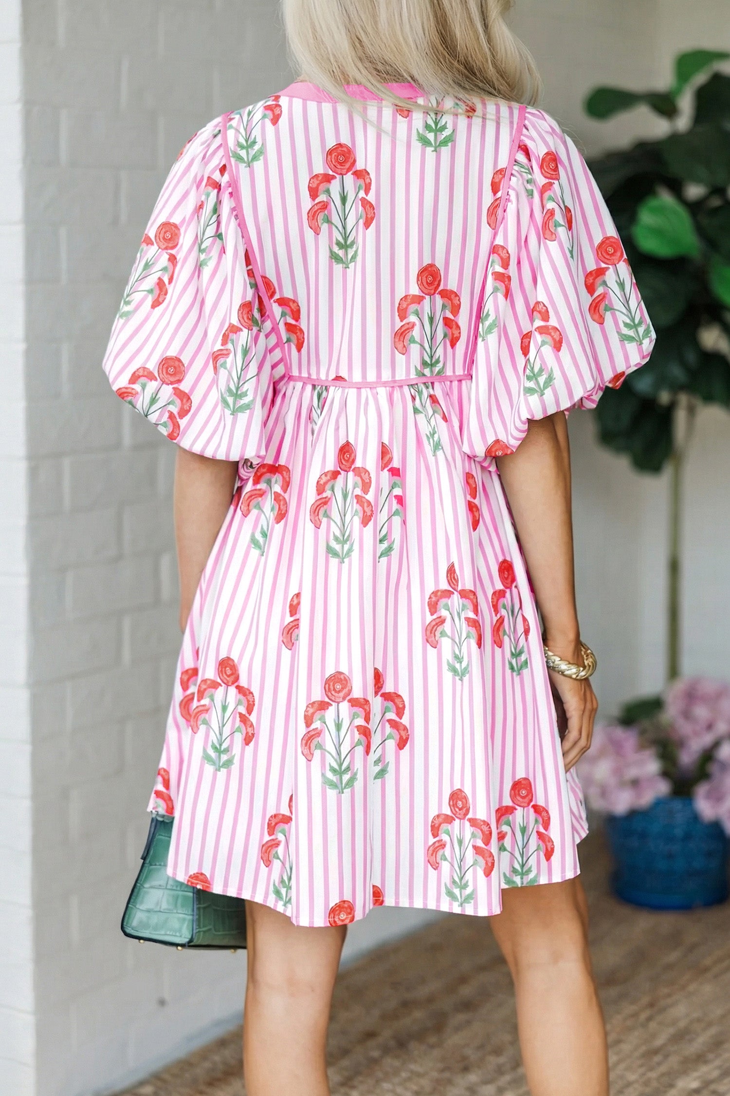 Sky Blue Floral Striped Print Tie Notched Neck Puff Sleeve Flared Mini Dress