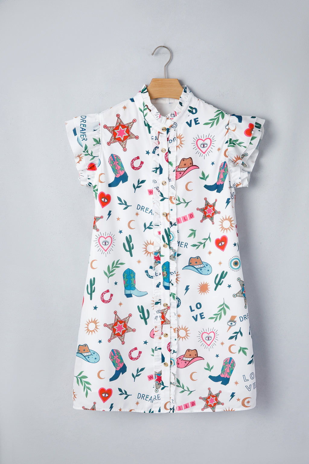 White Western Print Flutter Sleeve Button Down Mini Dress