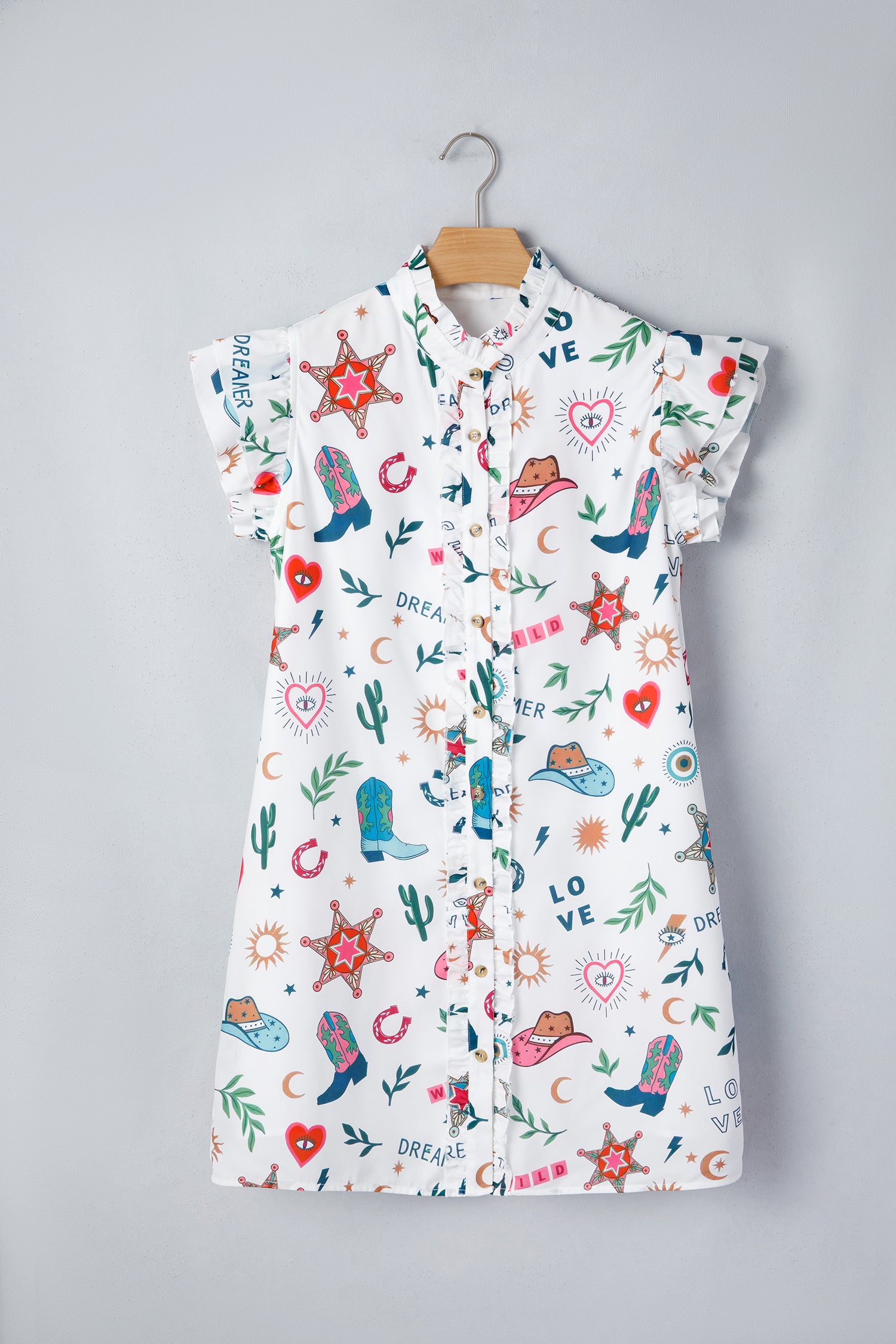 White Western Print Flutter Sleeve Button Down Mini Dress
