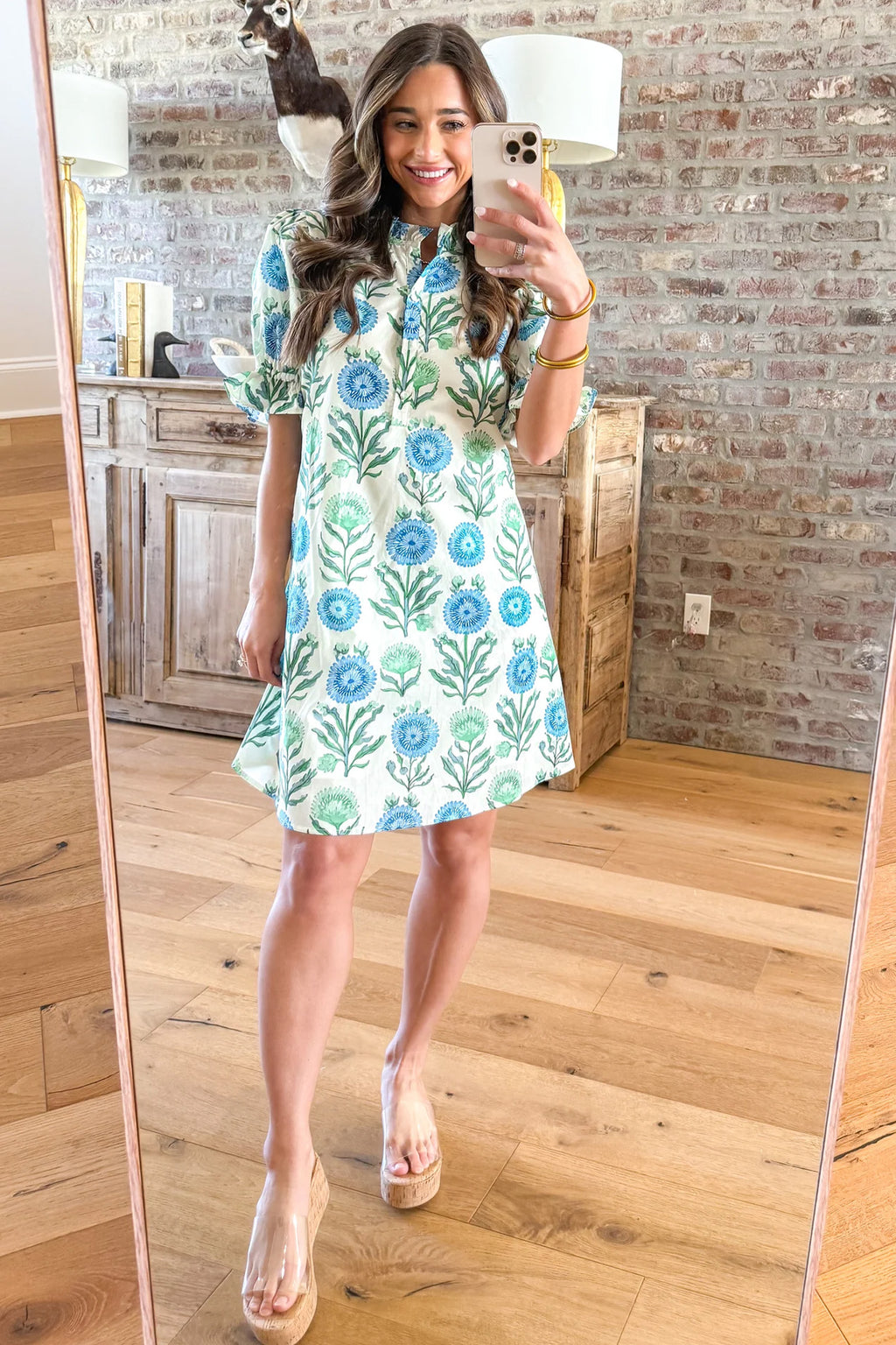 Sky Blue Floral Print Half Button Frilly Short Sleeve Dress