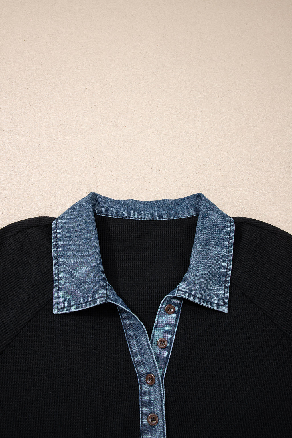 Black Plus Size Textured Contrast Denim Patchwork Button Polo Tee