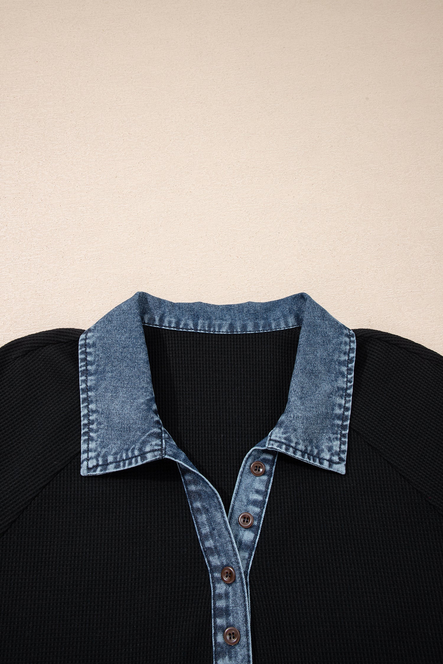 Black Plus Size Textured Contrast Denim Patchwork Button Polo Tee