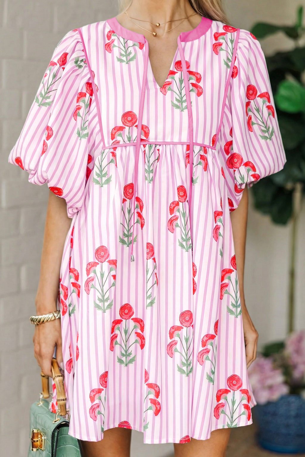 Sky Blue Floral Striped Print Tie Notched Neck Puff Sleeve Flared Mini Dress