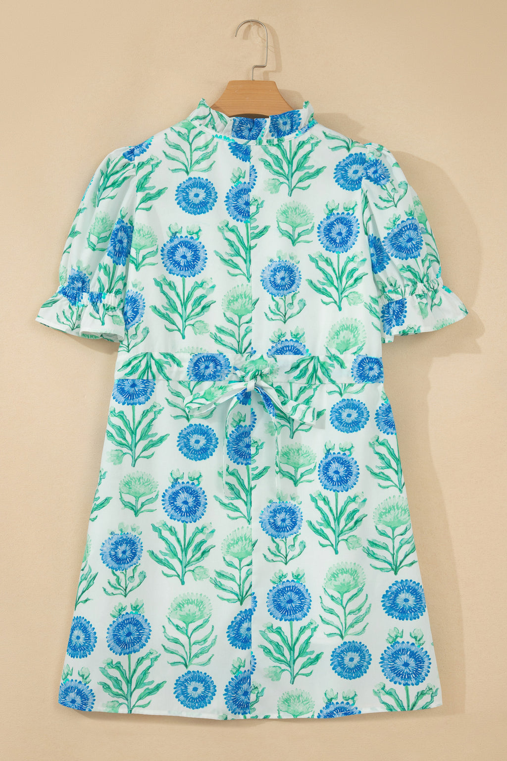 Sky Blue Floral Print Half Button Frilly Short Sleeve Dress