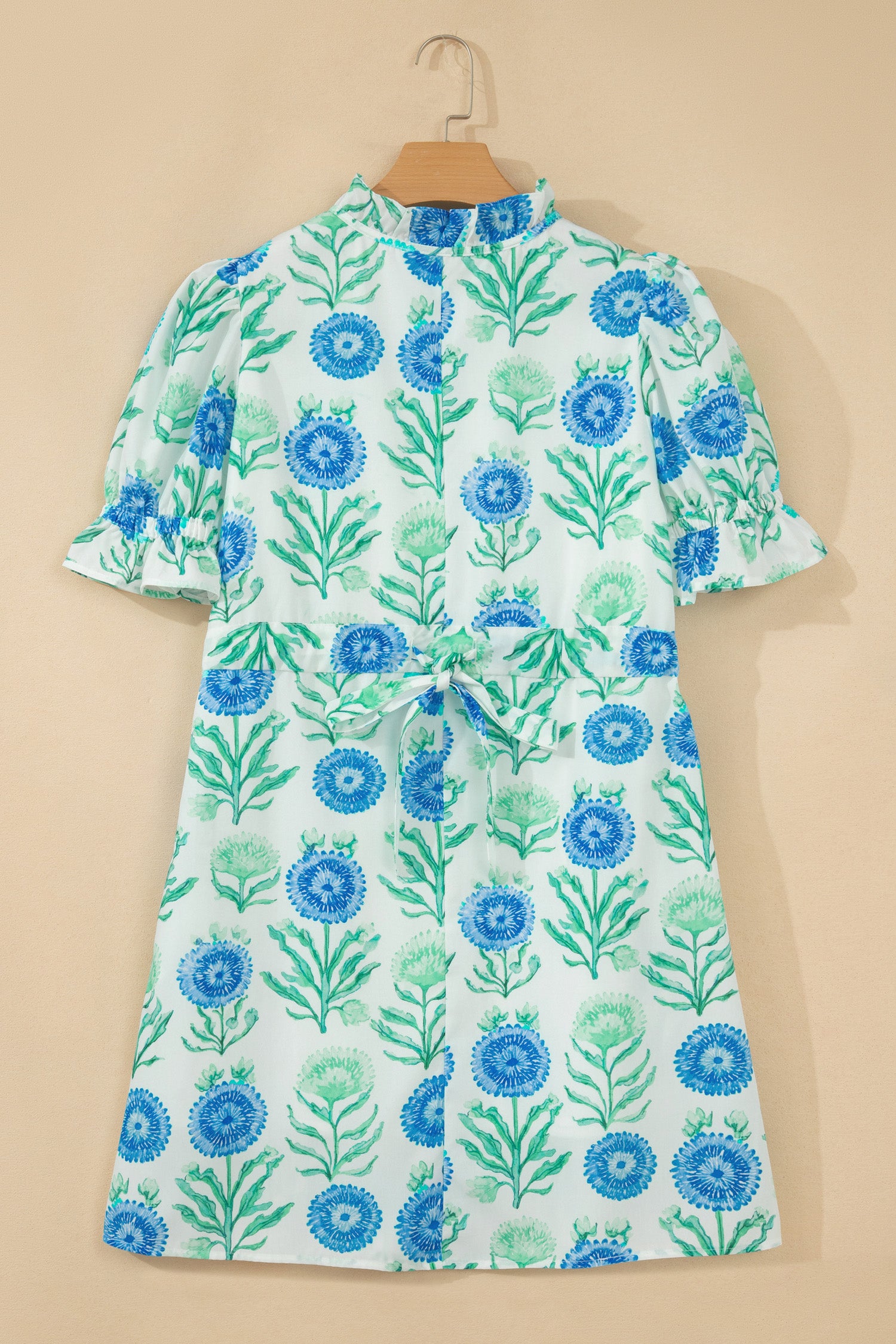 Sky Blue Floral Print Half Button Frilly Short Sleeve Dress