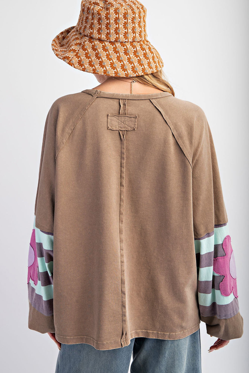 Light French Beige Plus Size Flower Striped Patchwork Puff Sleeve Loose Sweatshirt