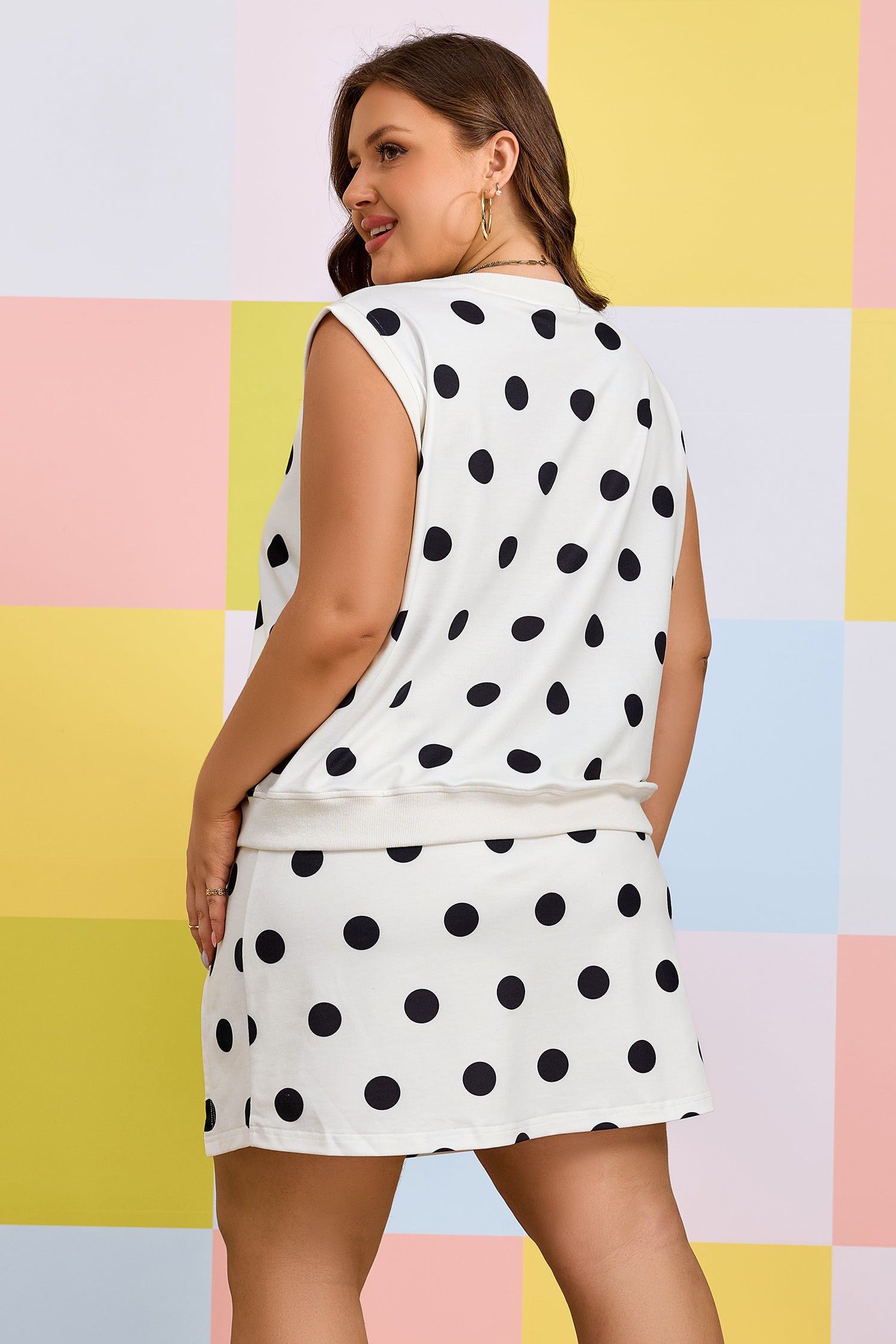 White Plus Size Polka Dot Printed Tank Split Skort 2pcs Outfit