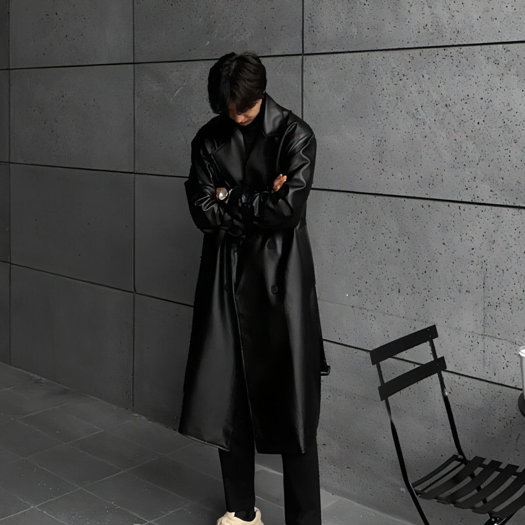 Gabardina de cuero cruzada de largo medio para hombre