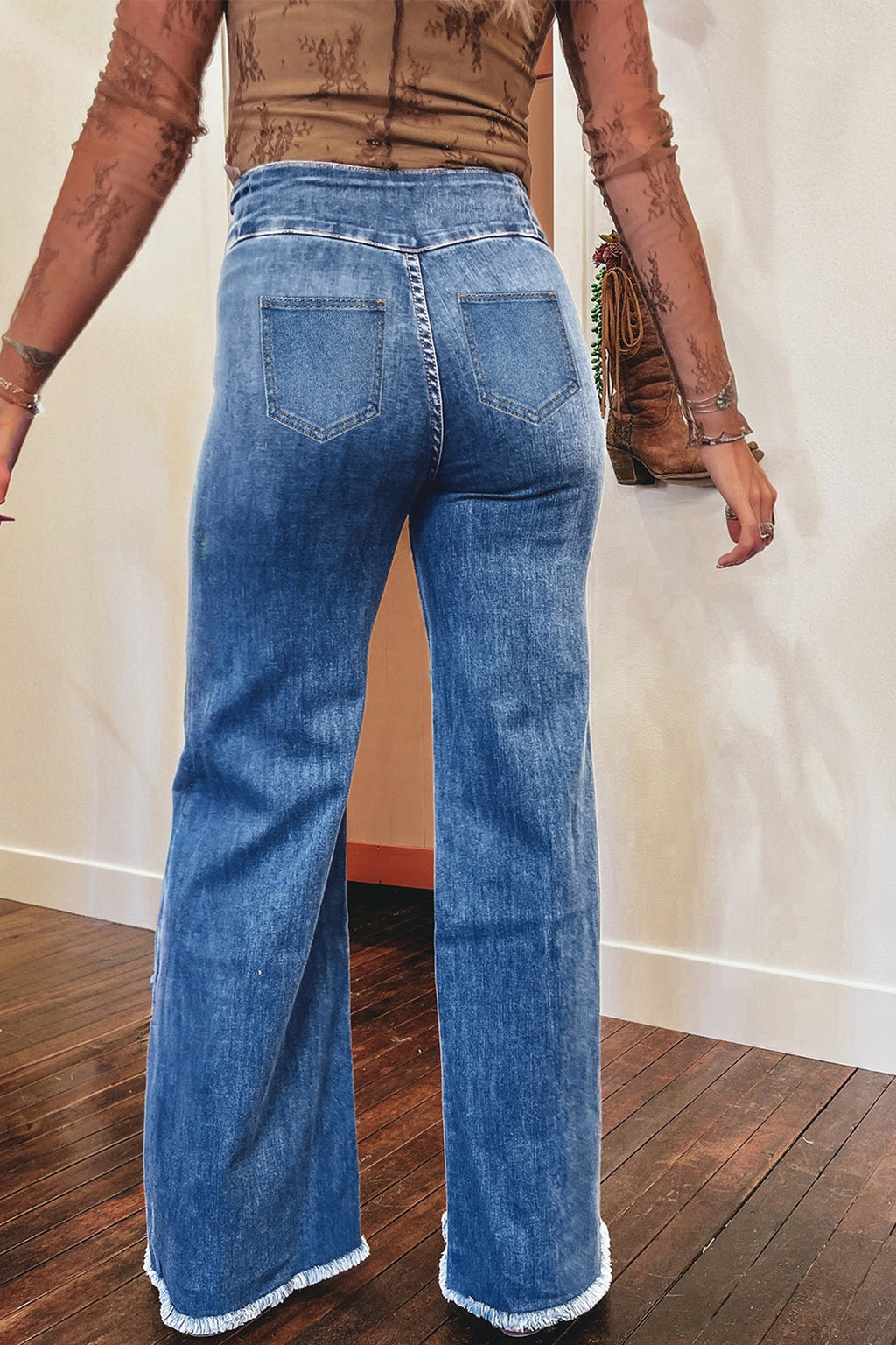 Coffee High Waist Button Fly Seamed Raw Hem Flare Jeans