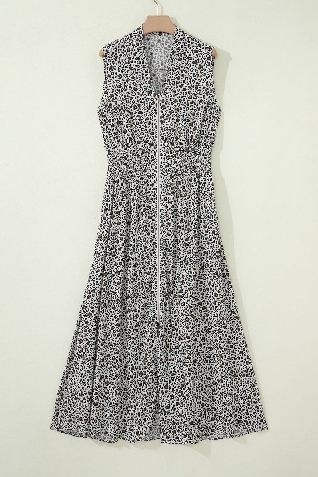 Beige Leopard Zip Front V Neck Cinched Waist Sleeveless Maxi Dress