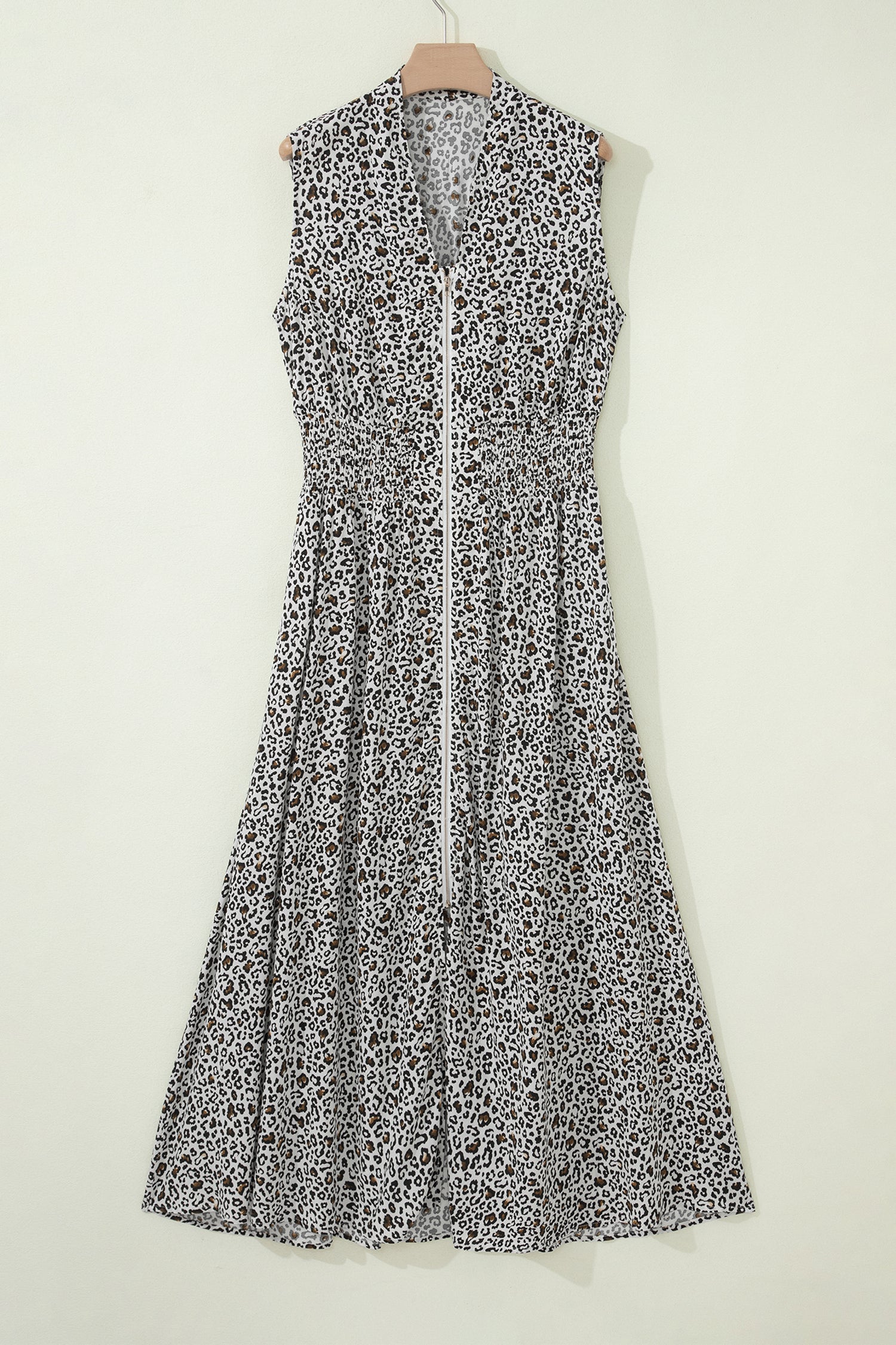 Beige Leopard Zip Front V Neck Cinched Waist Sleeveless Maxi Dress