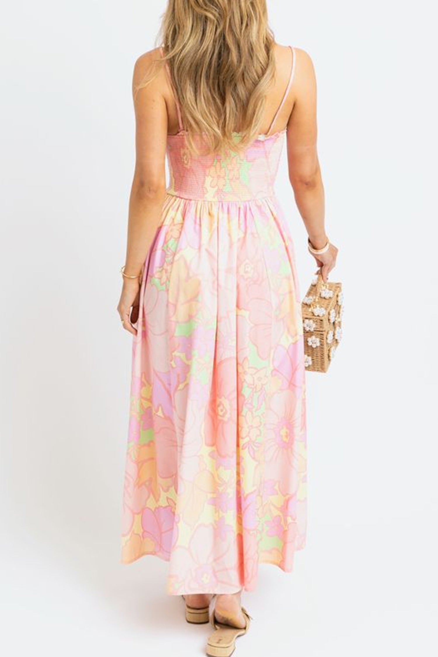 Pink Spaghetti Straps Floral Shirred High Waist Dress