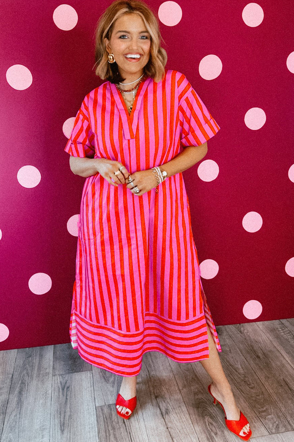 Red Stripe V Neck Cuffed Sleeve Relaxed Split Midi Dress