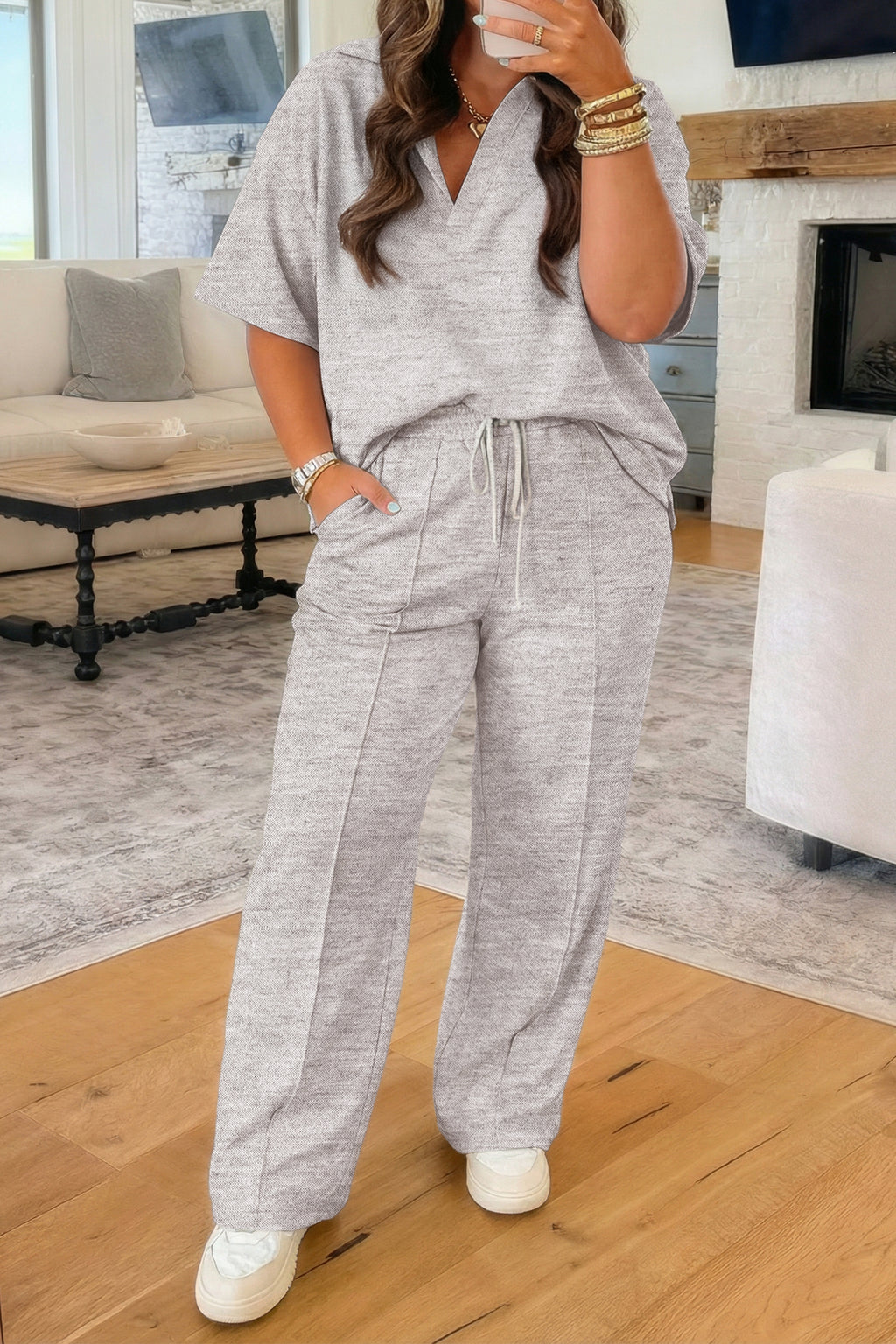 Light Grey Plus Size V Neck Polo Tee Drawstring Loose Pants 2pcs Set