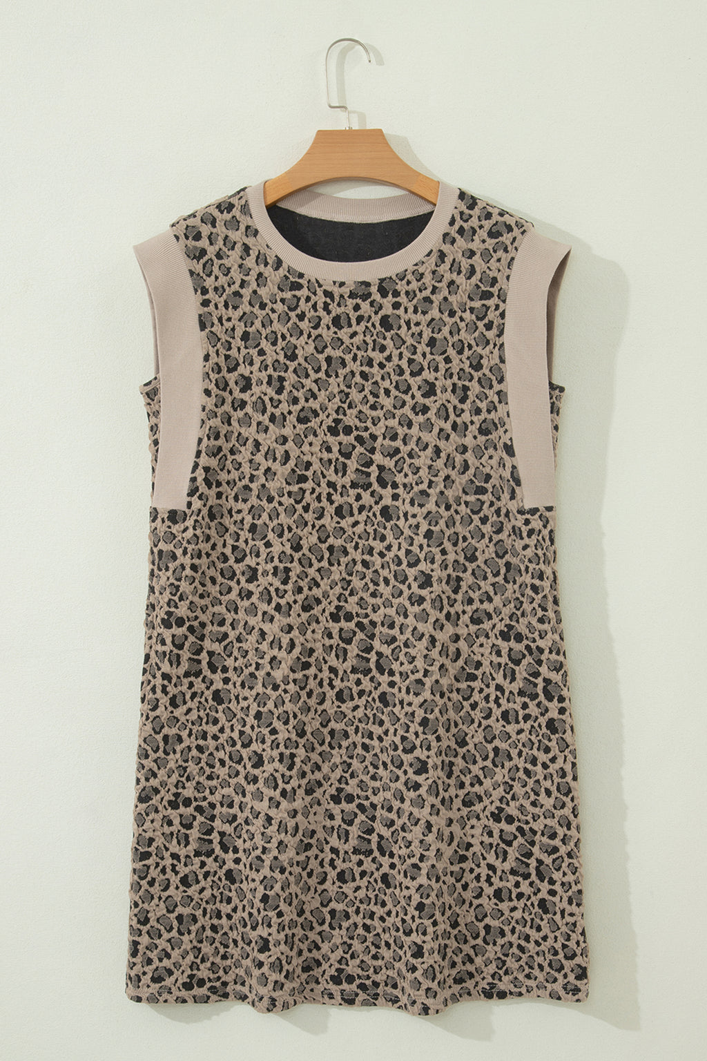 Khaki Leopard Textured Sleeveless Mini Dress with Pockets