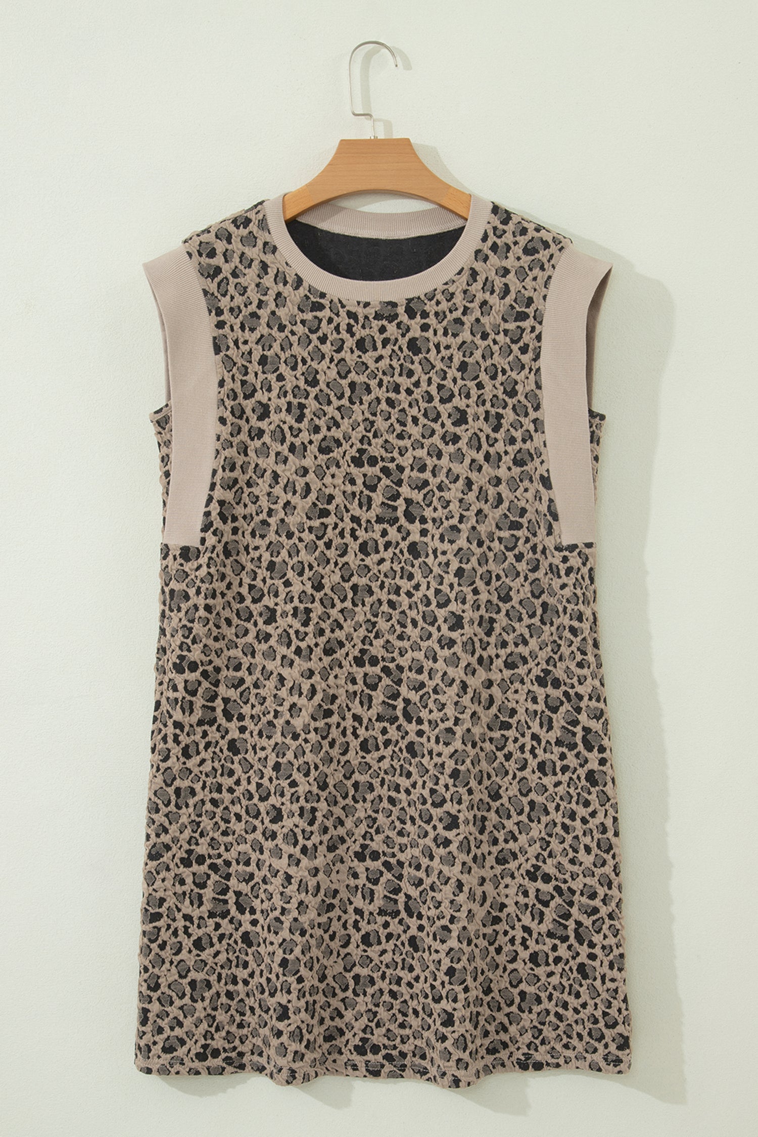 Khaki Leopard Textured Sleeveless Mini Dress with Pockets