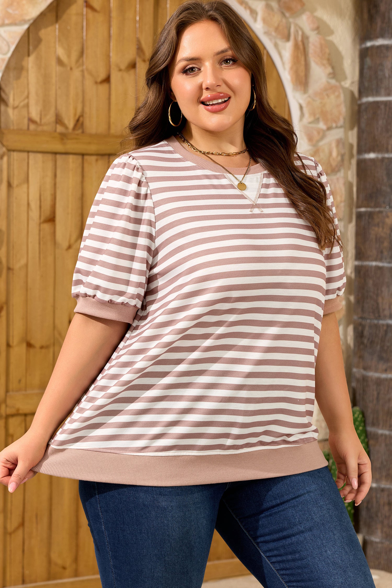 Orange Stripe Ribbed Trim Round Neck Short Puff Sleeve Plus T Shirt