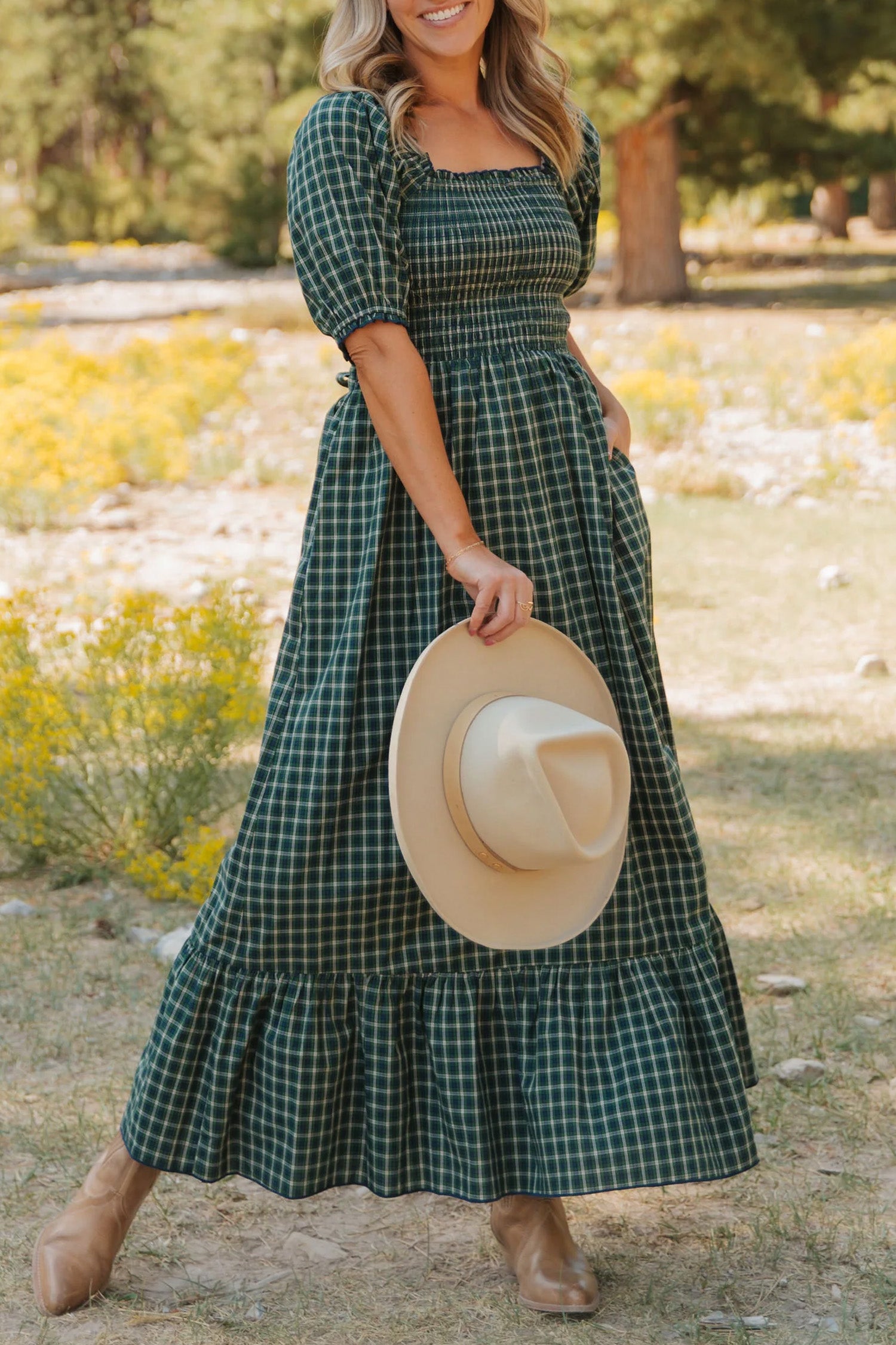 Green Plaid Square Neck Shirred High Waist Ruffle Hem Dress