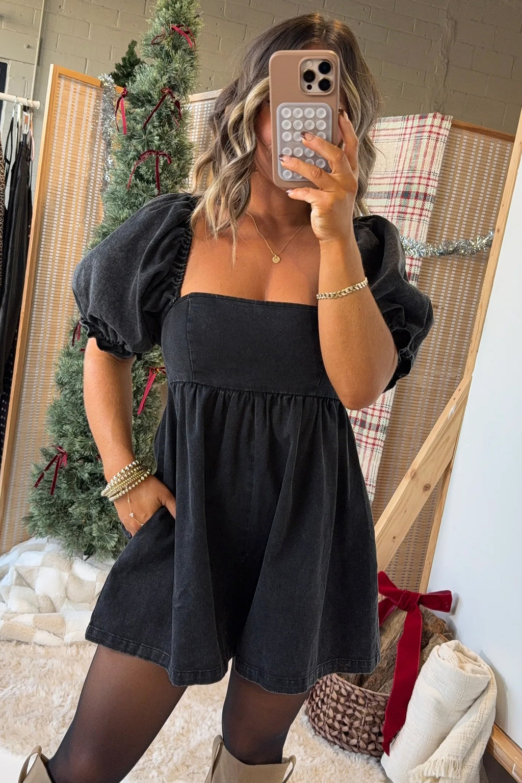 Black Denim Square Neck Smocked Short Puff Sleeve Flared Romper