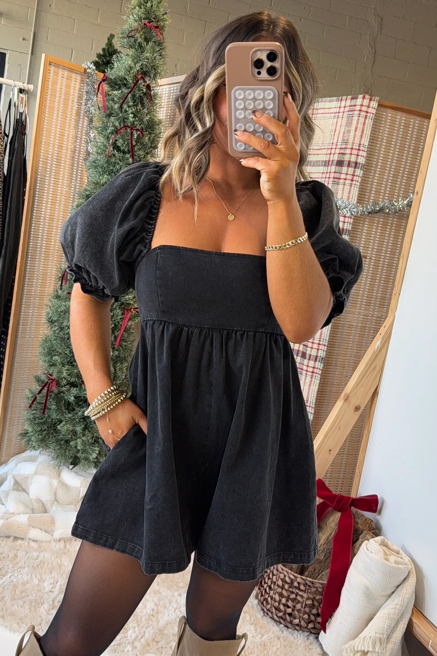 Black Denim Square Neck Smocked Short Puff Sleeve Flared Romper