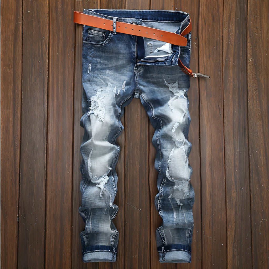 Calça de calça de jeans rasgada de cor clara raspada masculina calça de perna pequena e reta
