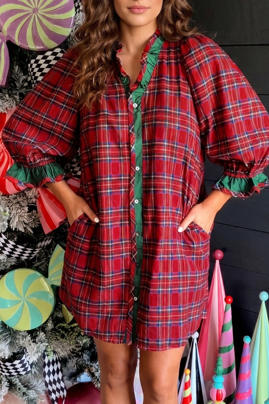 Red Plaid Ruffle Cuff Button Front Pocket Mini Dress