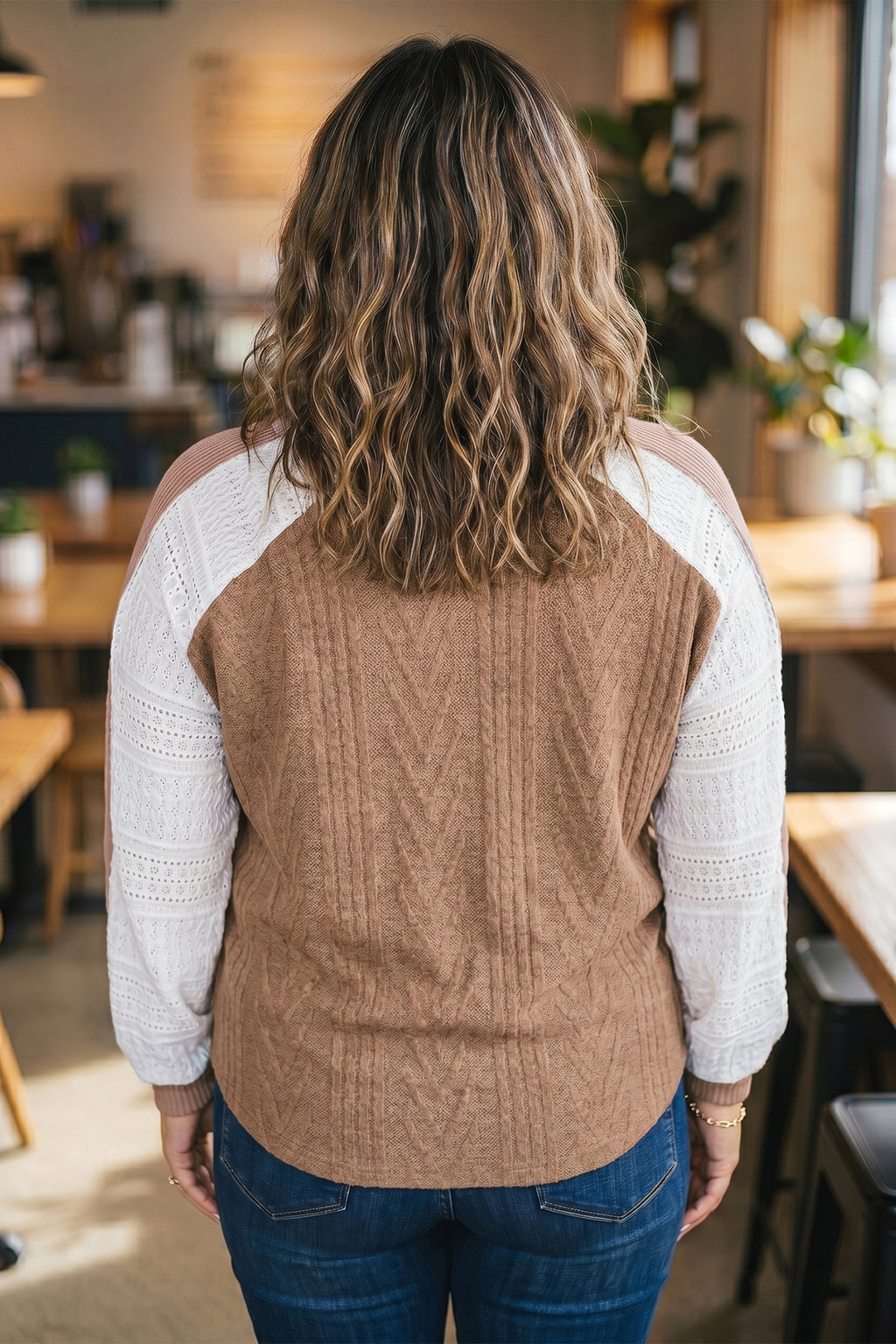 Coffee V Neck Lace Sleeve Patchwork Plus Size Blouse