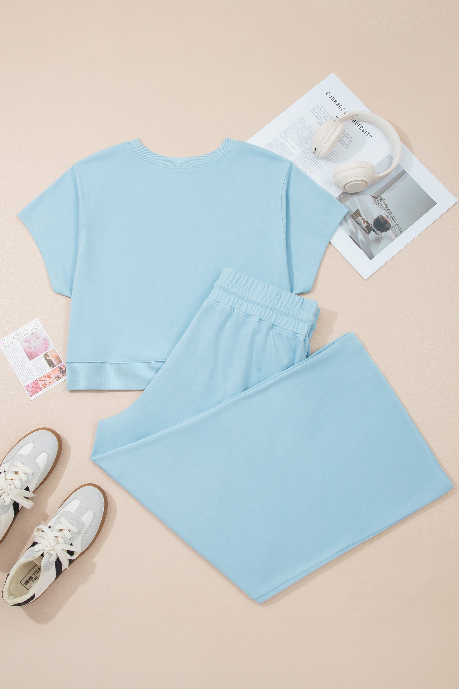 Mist Blue Solid Color Ribbed Trim Short Sleeve Top Drawstring Loose Pants 2pcs Outfit