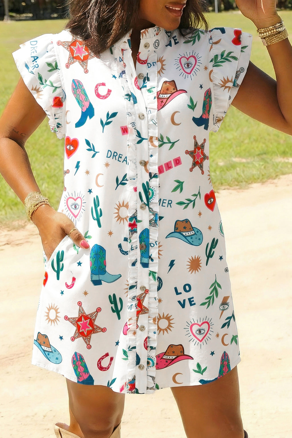 White Western Print Flutter Sleeve Button Down Mini Dress