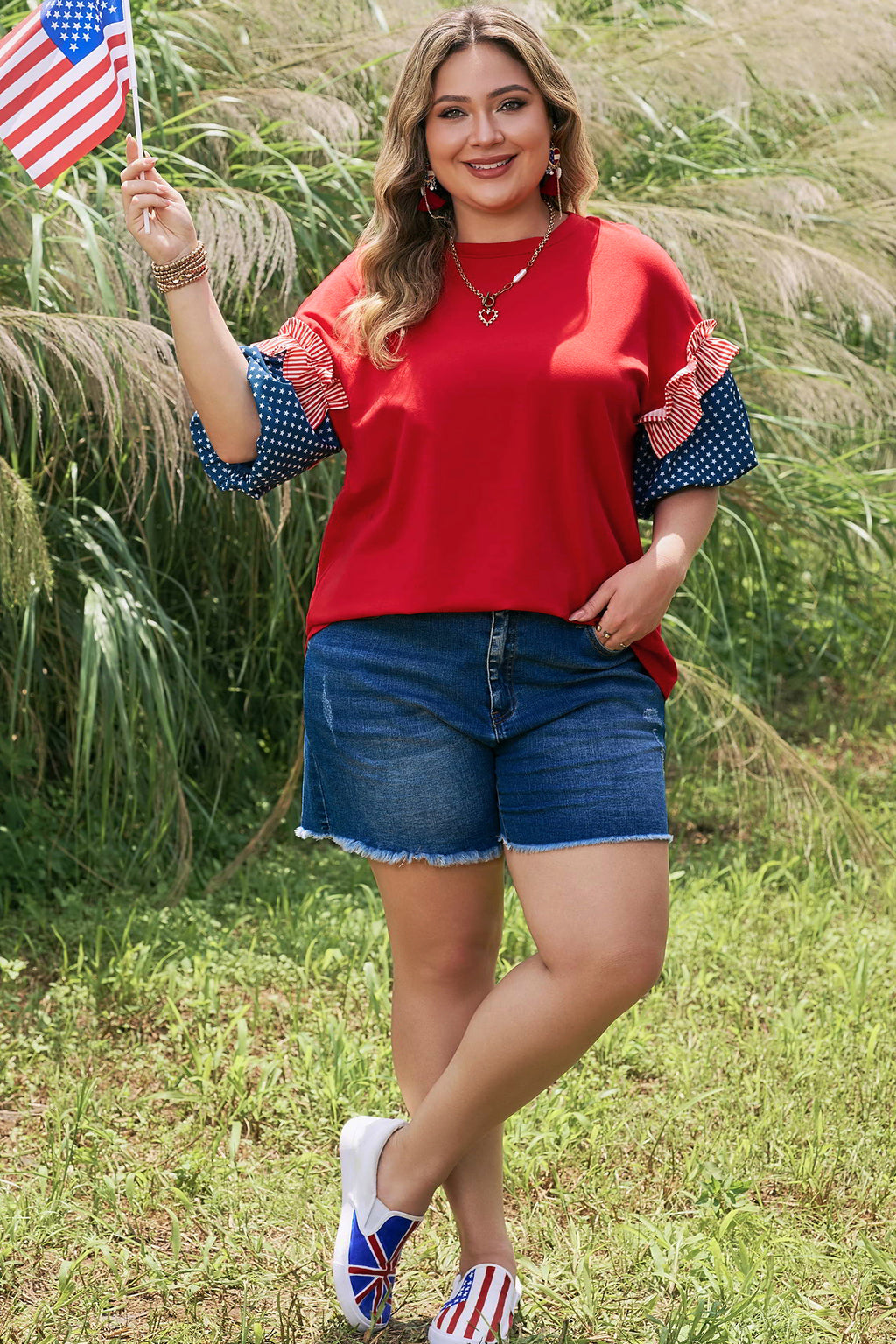 Fiery Red Plus Size Striped Ruffles Star Short Bubble Sleeve Patchwork Top