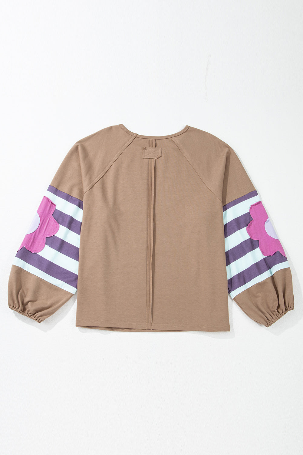 Light French Beige Plus Size Flower Striped Patchwork Puff Sleeve Loose Sweatshirt