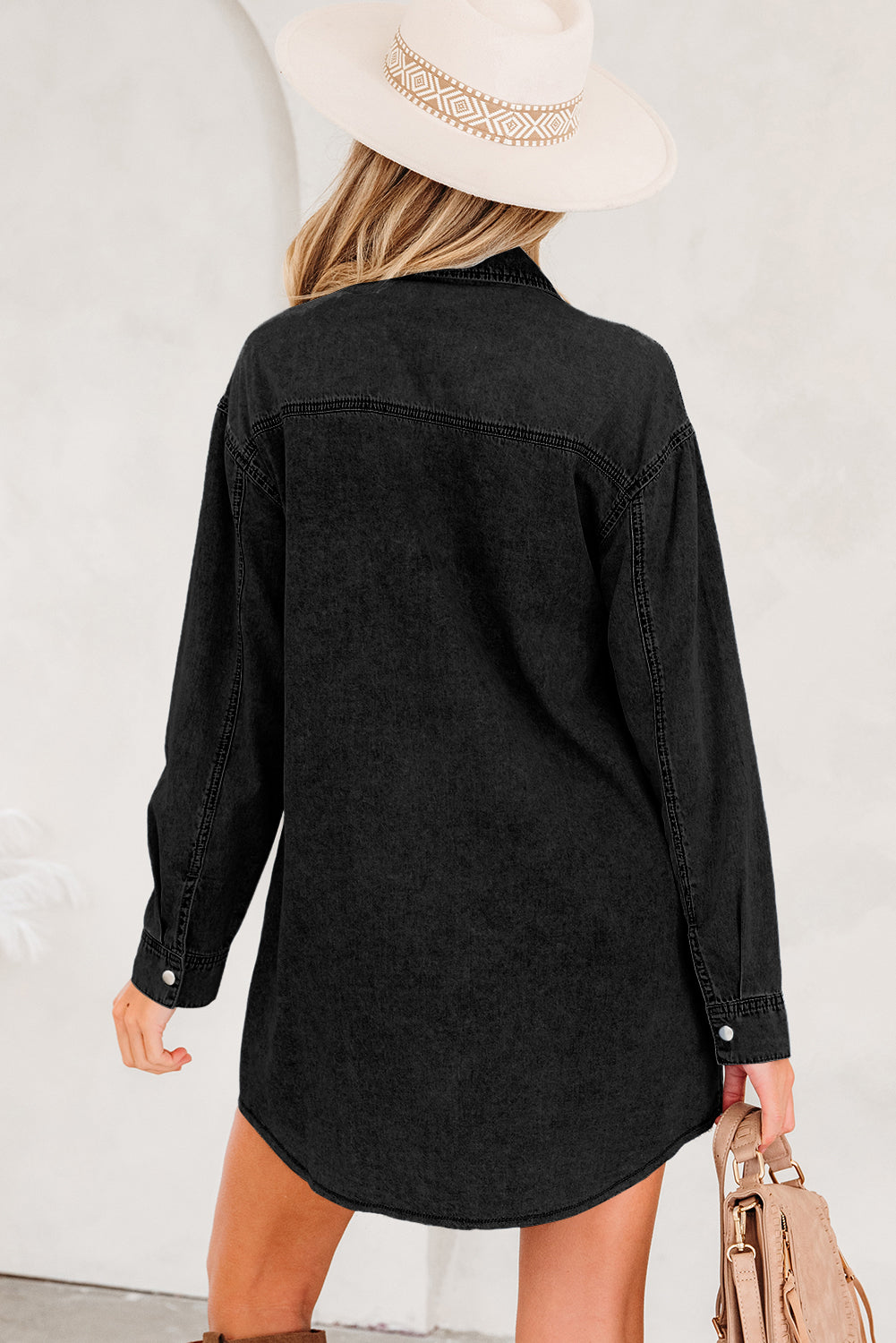 Blue Beau Chest Pocket Raw Hem Denim Loose Shirt Dress