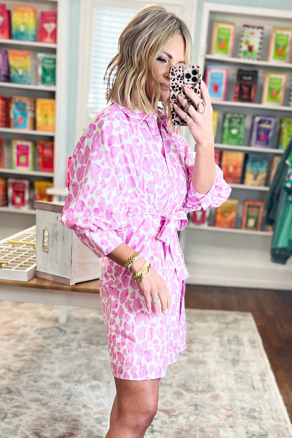 Pink Abstract Leopard Print Tie Waist Puff Sleeve Mini Shirt Dress