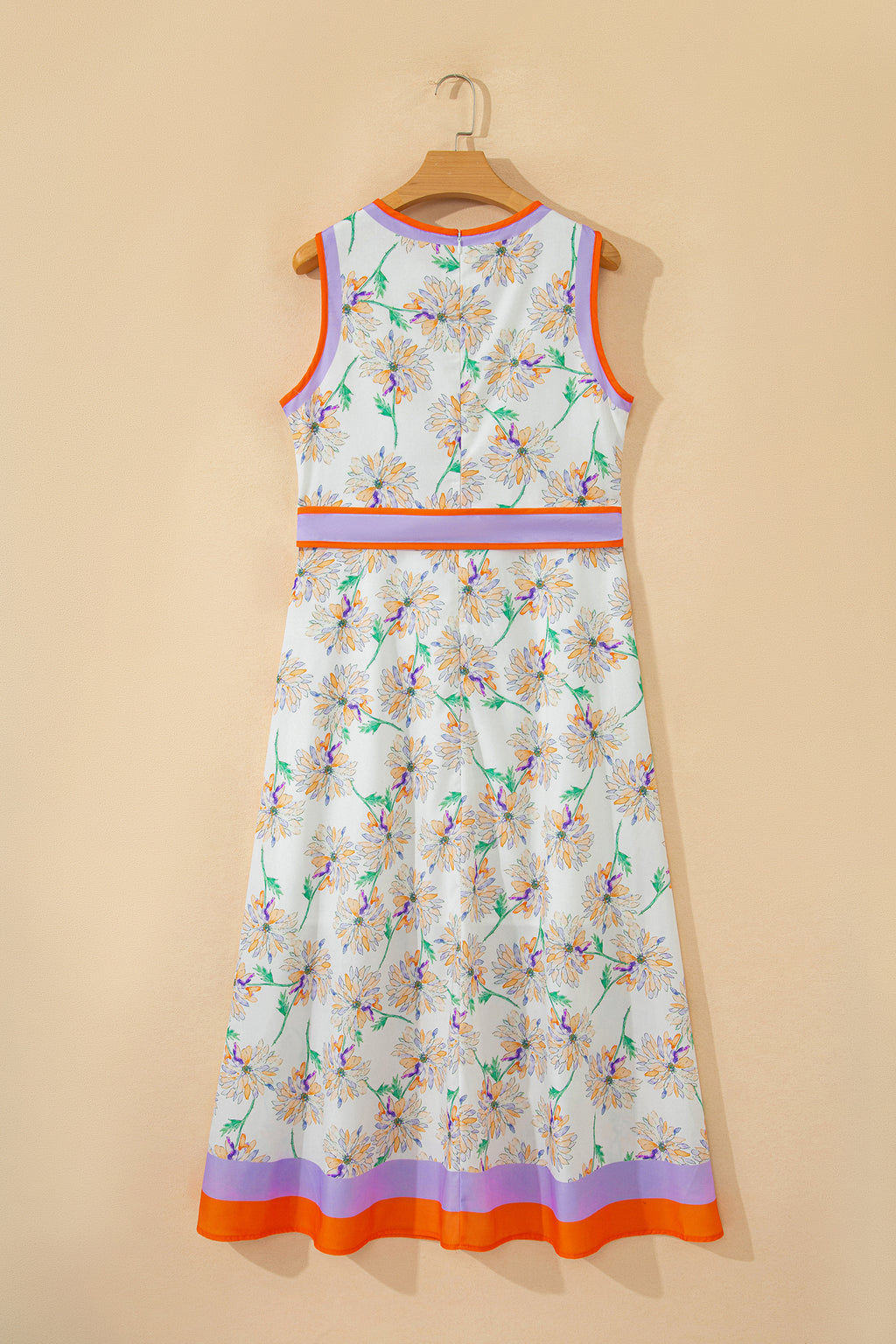 White Floral Print Color Block Trim Belted Sleeveless Maxi Dress