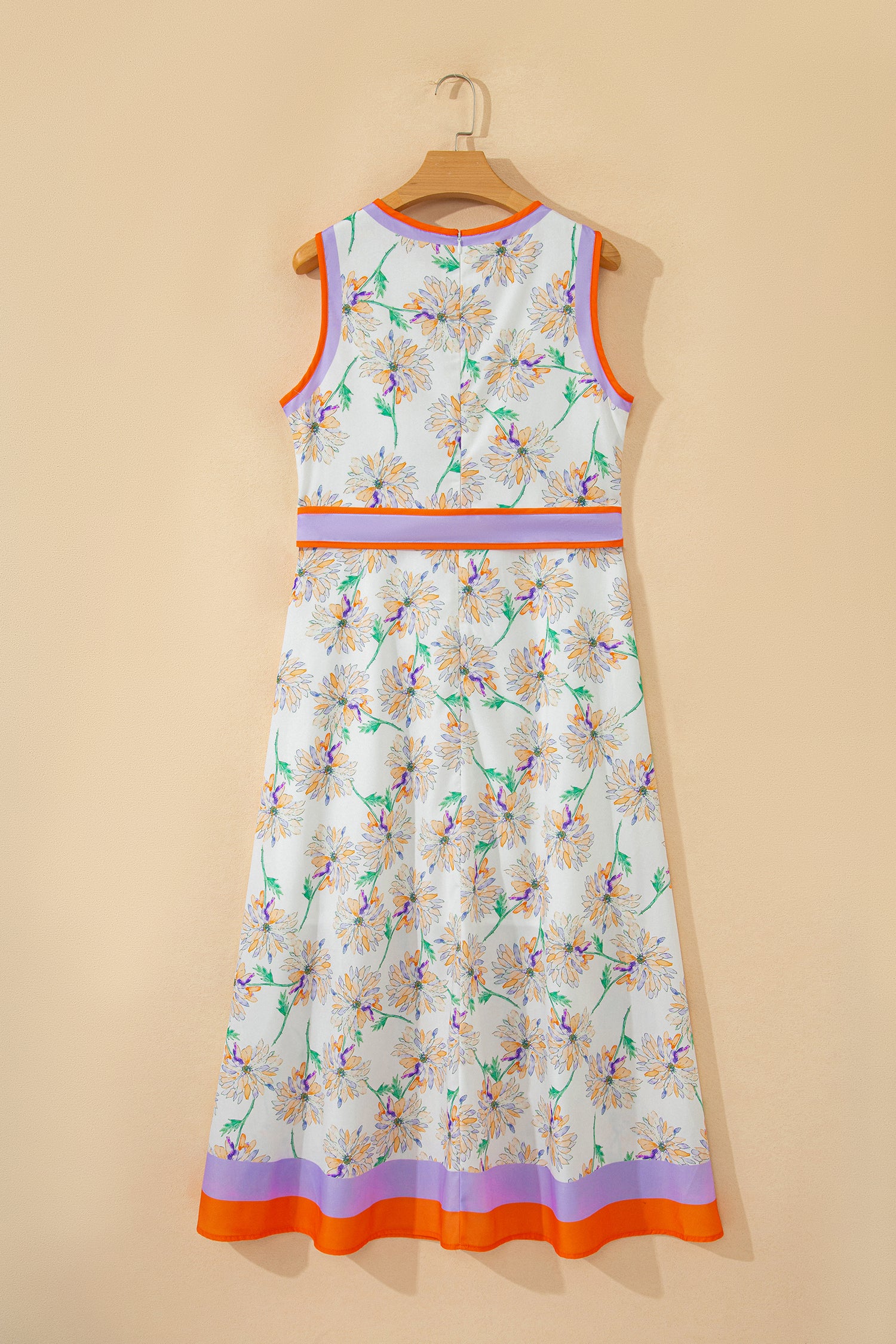 White Floral Print Color Block Trim Belted Sleeveless Maxi Dress