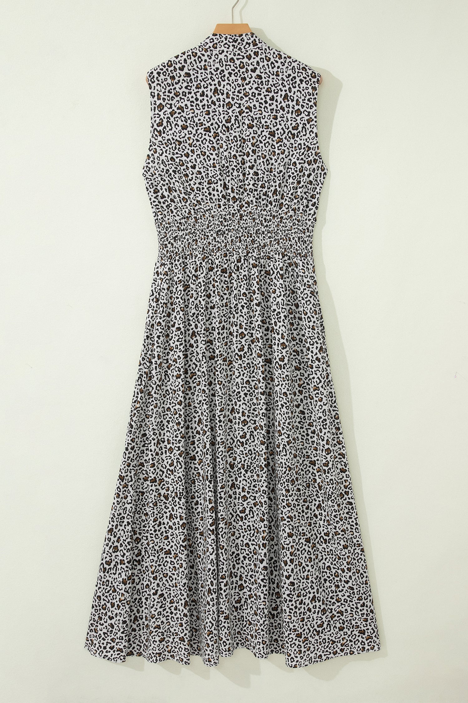 Beige Leopard Zip Front V Neck Cinched Waist Sleeveless Maxi Dress