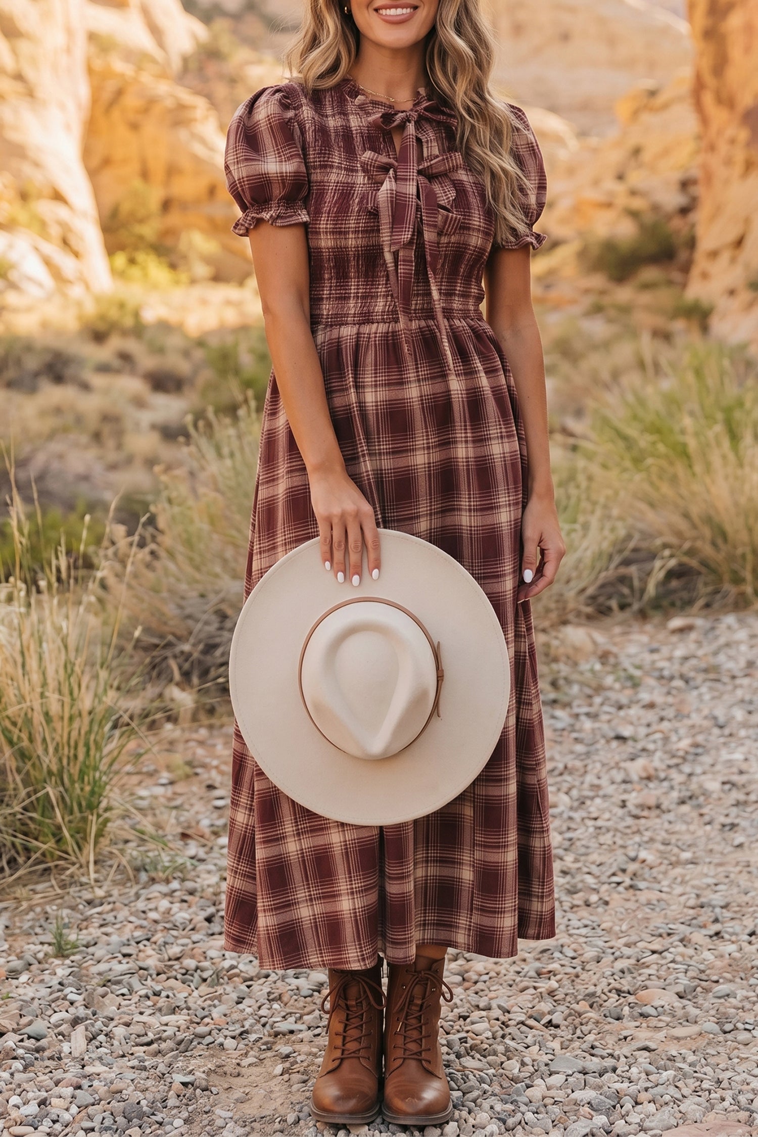 Red Vintage Plaid Knot Front Smocked High Waist Midi Dress