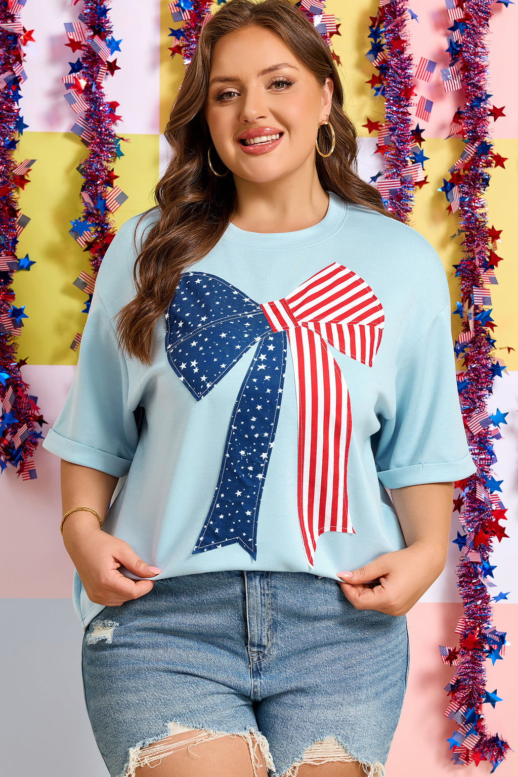 Beau Blue Plus Size Patriotic Bow Patchwork Graphic T-Shirt
