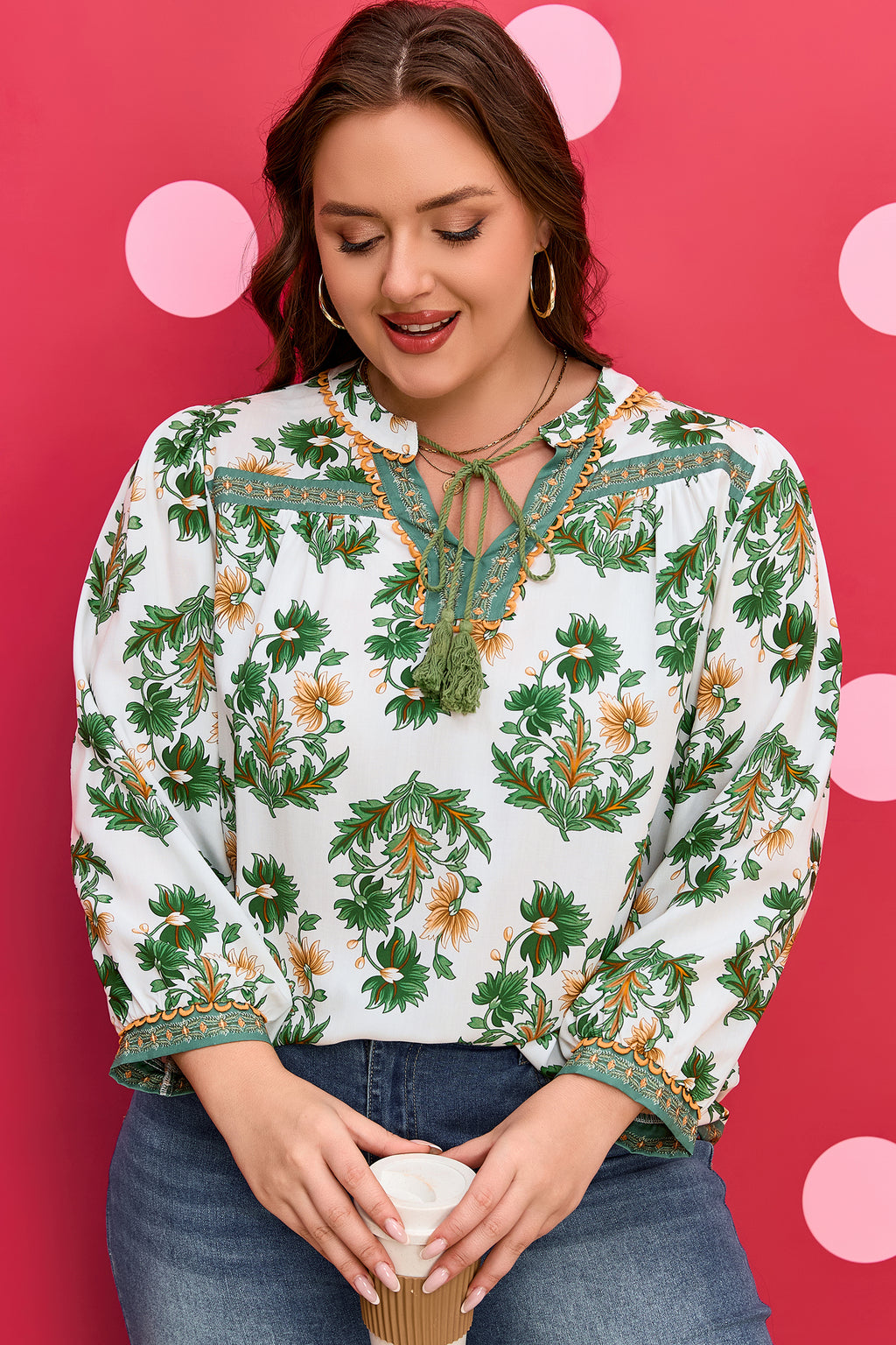 Green Plus Size Floral Printed Contrast Patchwork Detail Tassel Tie 3/4 Sleeve Blouse