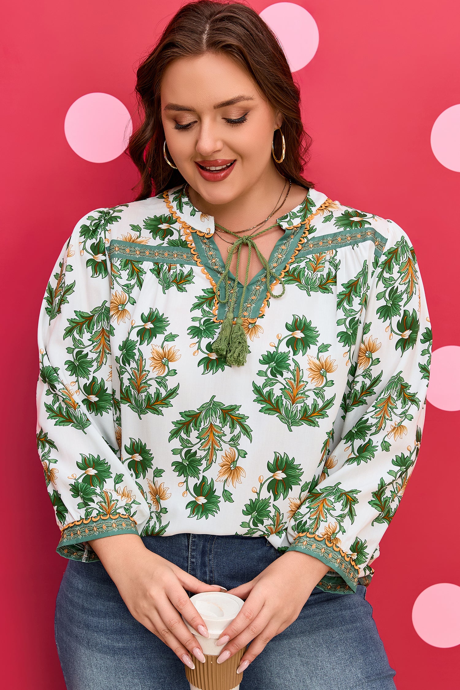 Green Plus Size Floral Printed Contrast Patchwork Detail Tassel Tie 3/4 Sleeve Blouse