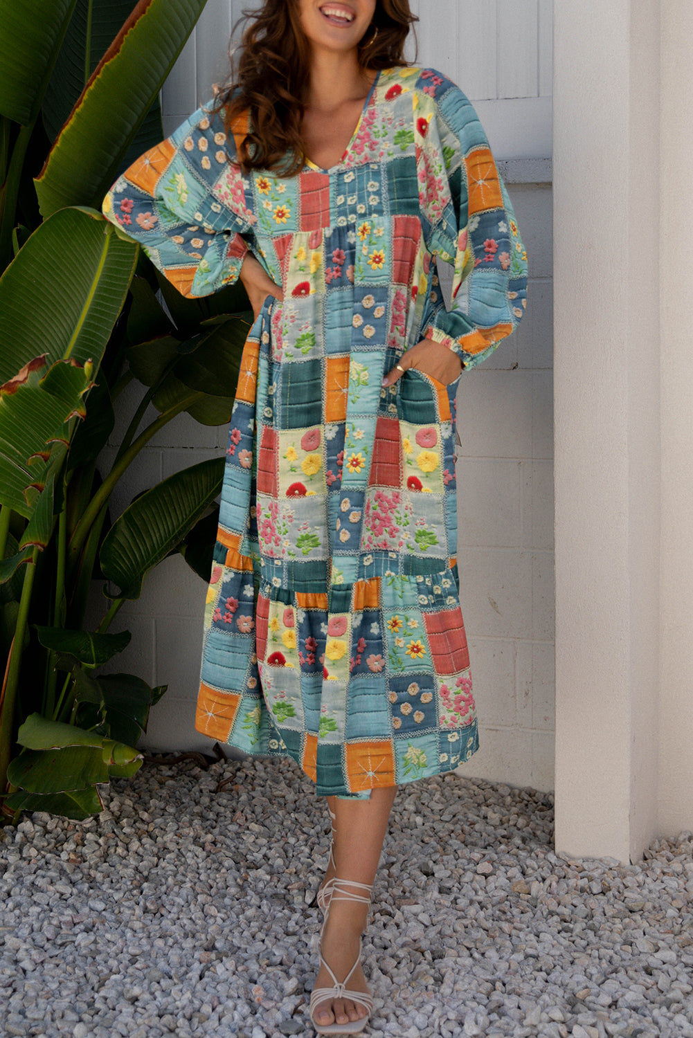 Sky Blue Mix Floral Checkered Pattern Bubble Sleeve Ruffle Hem Dress
