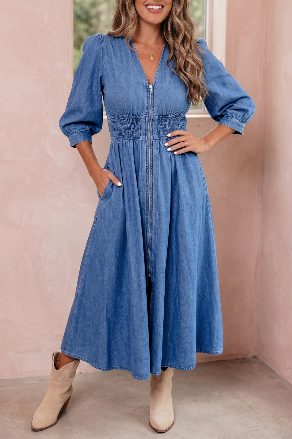 Blue V Neck Shirred Waist Metal Zipper Denim Midi Dress