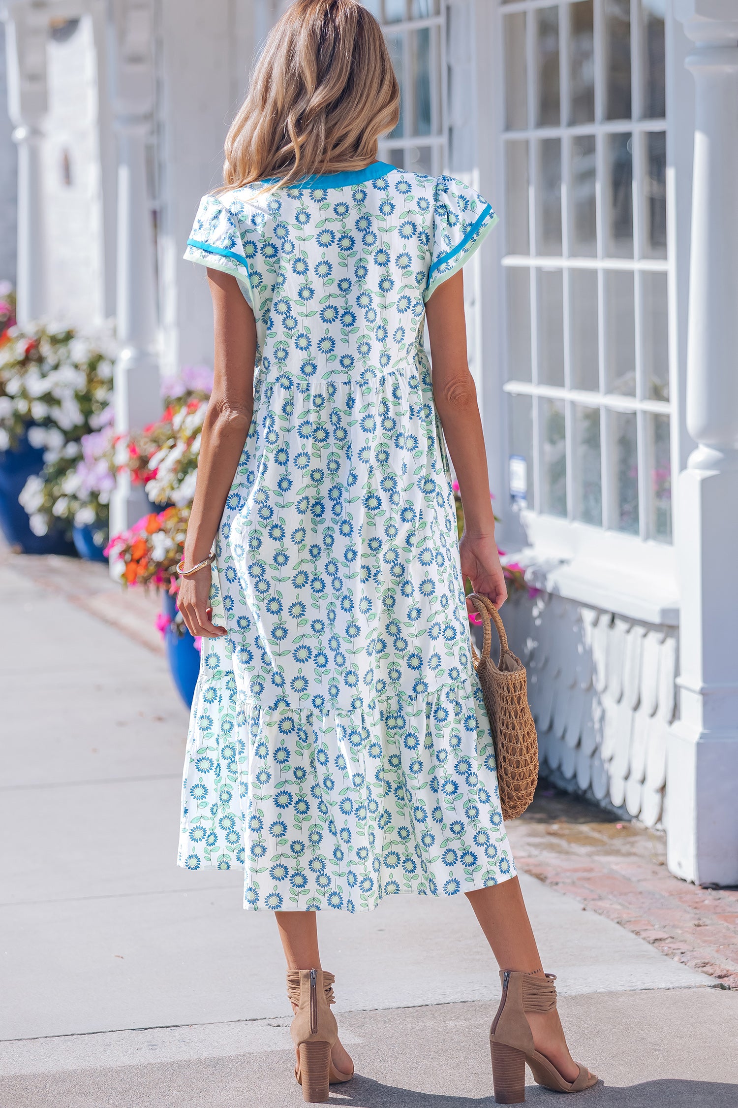 Sky Blue Cute Sunflower Printed Striped Patchwork Trim Flutter Sleeve Long Dress